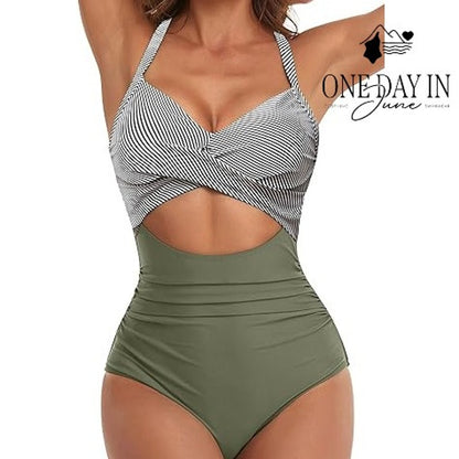 Eomenie Cross Front Cutout One Piece Swimsuit Olive Green Striped NWT Size M