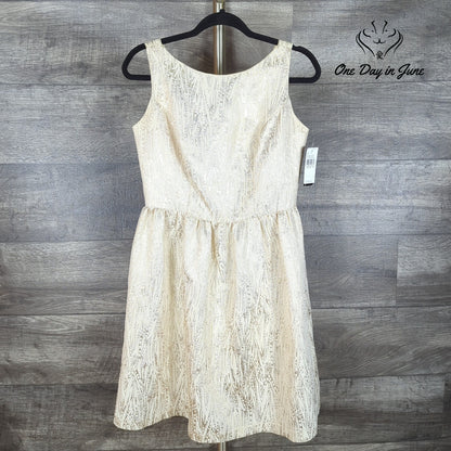 AGB Metallic Gold Jacquard Fit Flare Cocktail Dress Ivory NWT $99 Size 8