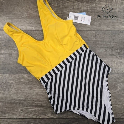 Cupshe Yellow V Neck and Striped Bottom One Piece Size XS