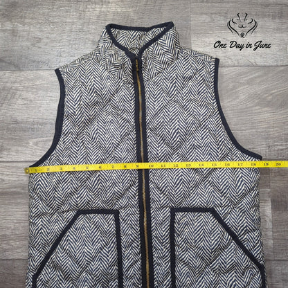 J.Crew Herringbone Quilted Full Zip Vest Black Ivory Gold Zipper Size S