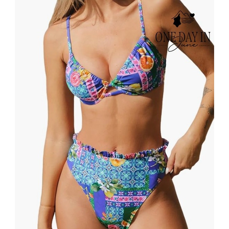 Cupshe Floral High Waist Underwire Bikini Set Ruffle Bottom NWT Size M