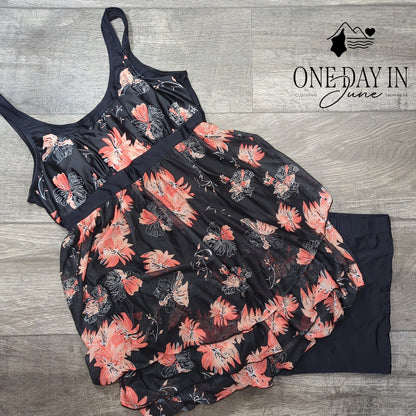 Adisputent Floral Mesh Swimdress Boyshort Tankini Swimsuit Black Coral Size L
