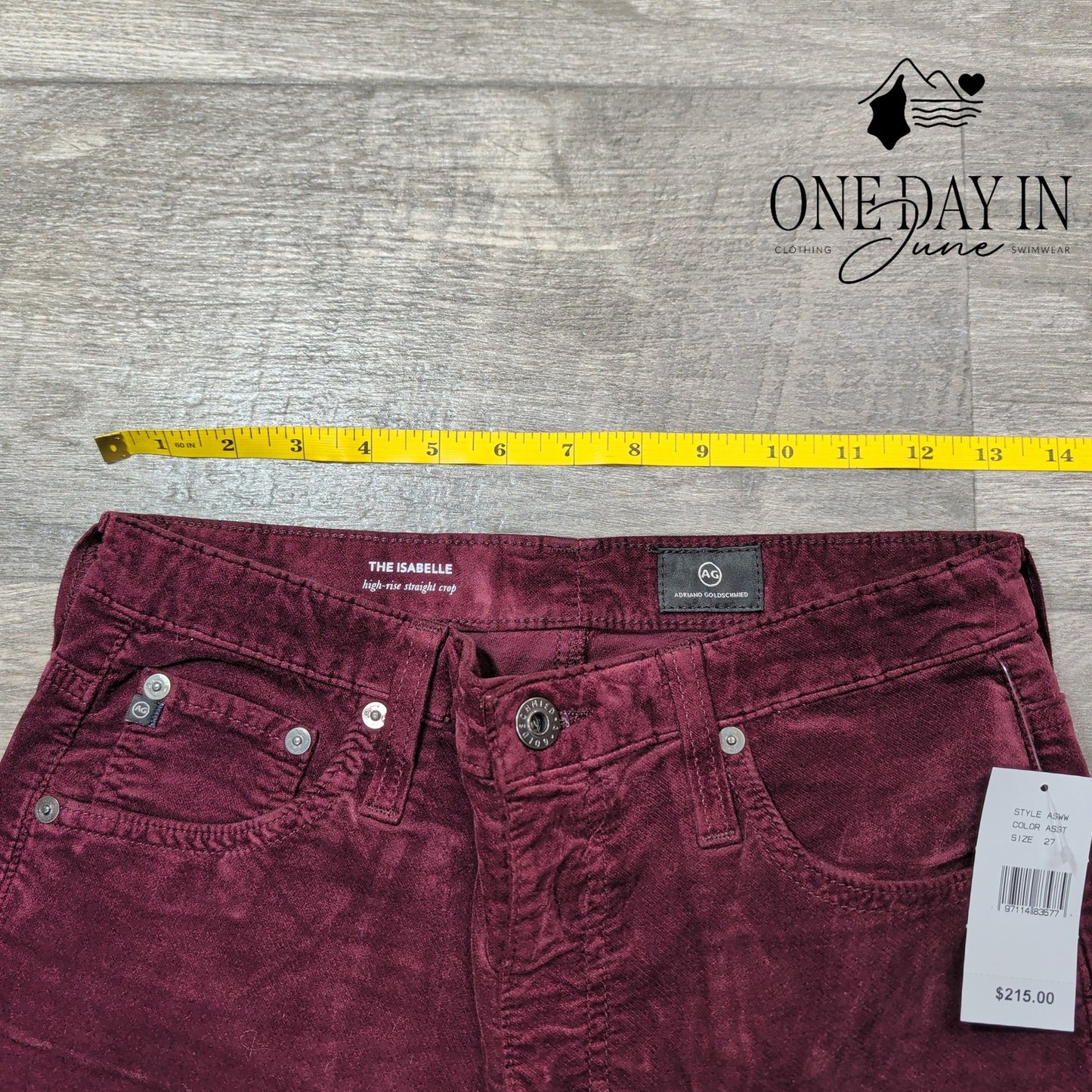 AG Adriano Goldschmied Isabelle Velvet Jeans Burgundy High Rise NWT Size 4 (27)