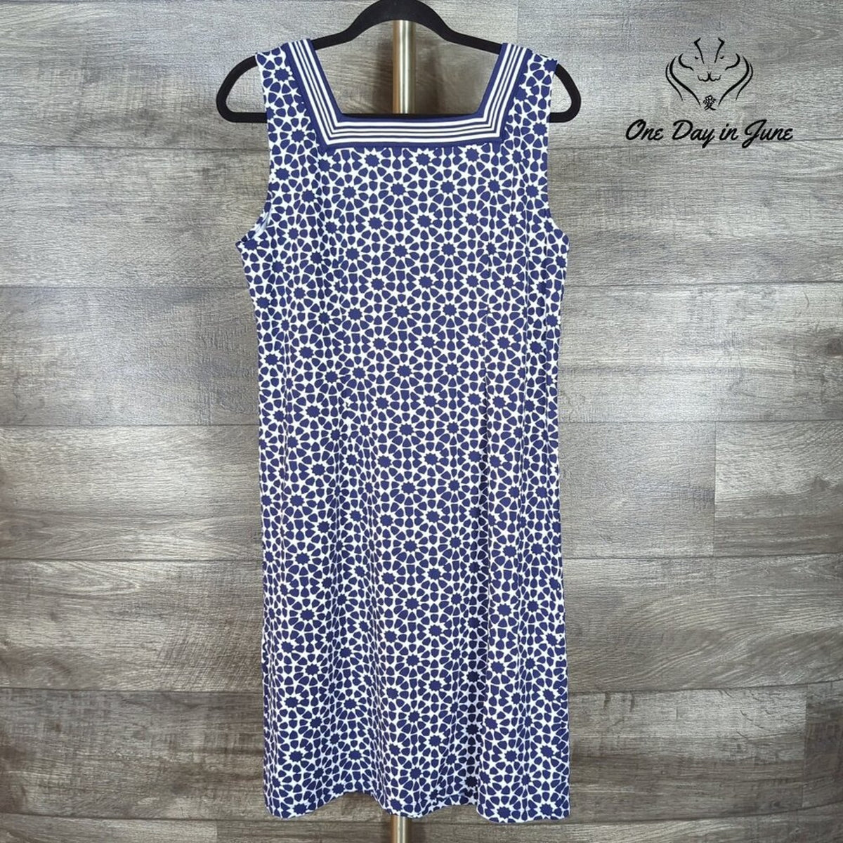 Talbots Petite Sleeveless Geometric Print Square Neck Dress Navy NWT Size PL