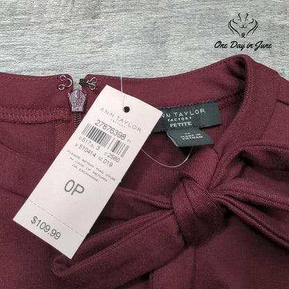 Ann Taylor Factory Petite Tie Neck Sheath Dress Burgundy NWT Size 0P