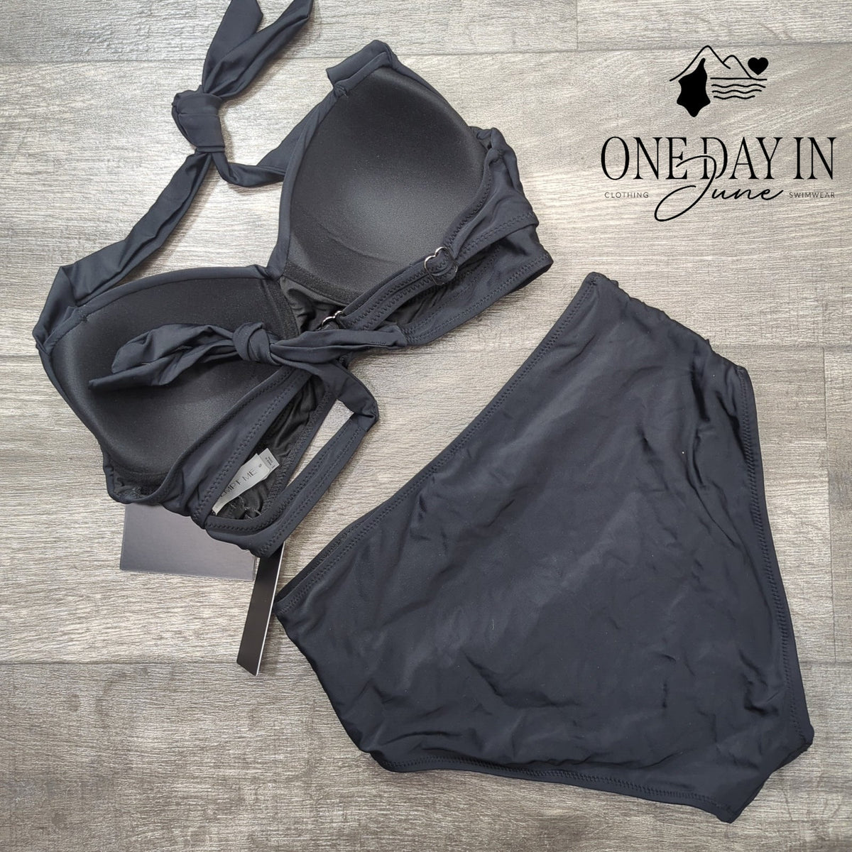 Tempt Me Twist Front Halter High Waisted Bikini Swimsuit Black NWT Size S