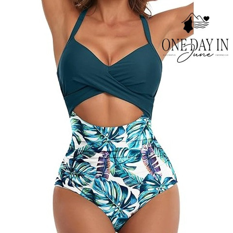 Eomenie Cross Front Cut Out Tie Back One Piece Swimsuit Tropical NWT Size XL