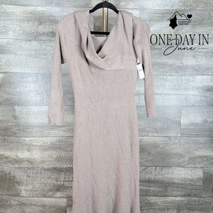 Anthropologie Petite Cowl Neck Ribbed Sweater Midi Dress Taupe NWT Size LP