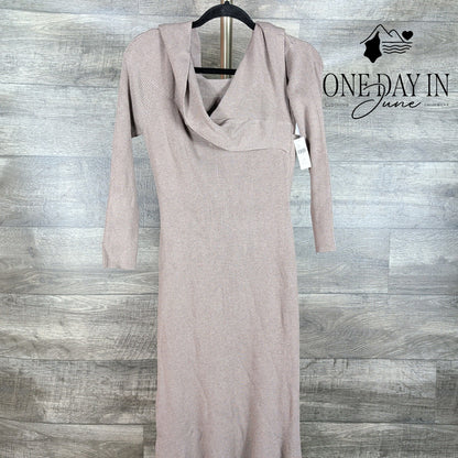 Anthropologie Petite Cowl Neck Ribbed Sweater Midi Dress Taupe NWT Size LP