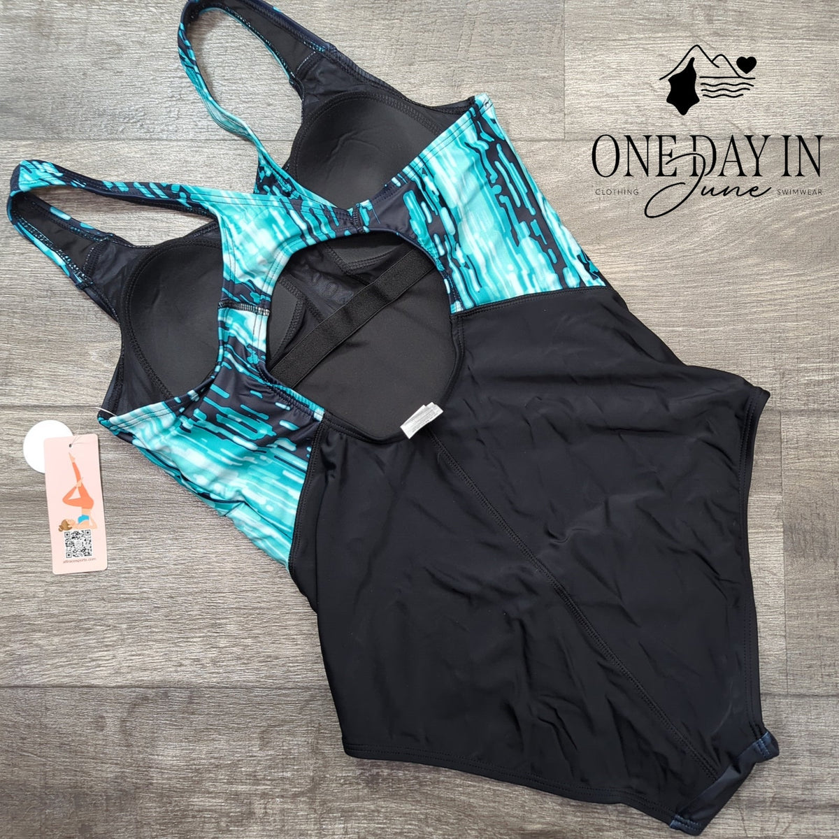 Charmo Sport One Piece Swimsuit Black Turquoise Racerback NWT Size M