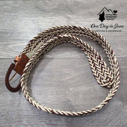 Brooks Brothers Italian Woven Braided Belt Brown Cream Leather Size M