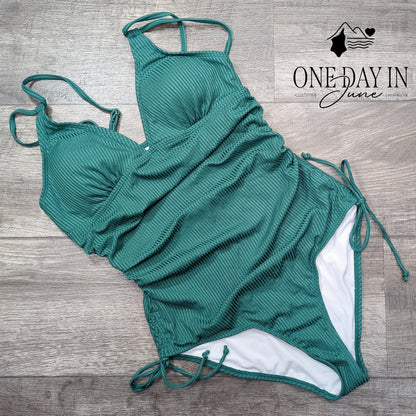 Aleumdr Ribbed Tummy Control One Piece Swimsuit Teal Ruched Cutout Back Size M