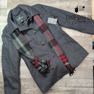 London Fog Wool Blend Pea Coat Plaid Scarf Charcoal Gray NWT Size M