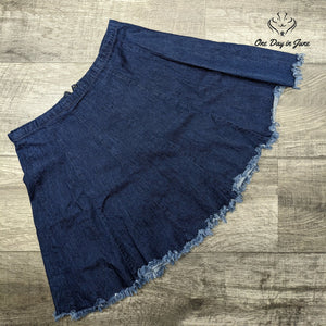 Altar'd State Denim Mini Skirt Dark Wash Raw Frayed Hem Zip Back Size S