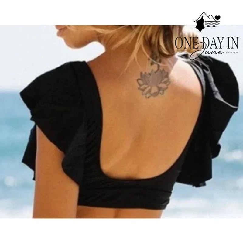Sporlike Ruffle Shoulder High Waist Floral Bikini Swimsuit Black NWT Size M