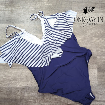 Adisputent Tummy Control Flounce One Piece Swimsuit Navy Stripe Size XXL