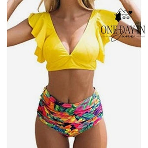 Sporlike Yellow Ruffle Shoulder Tropical High Waist Bikini Swimsuit NWT Size M