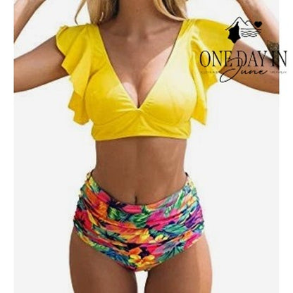Sporlike Yellow Ruffle Shoulder Tropical High Waist Bikini Swimsuit NWT Size M