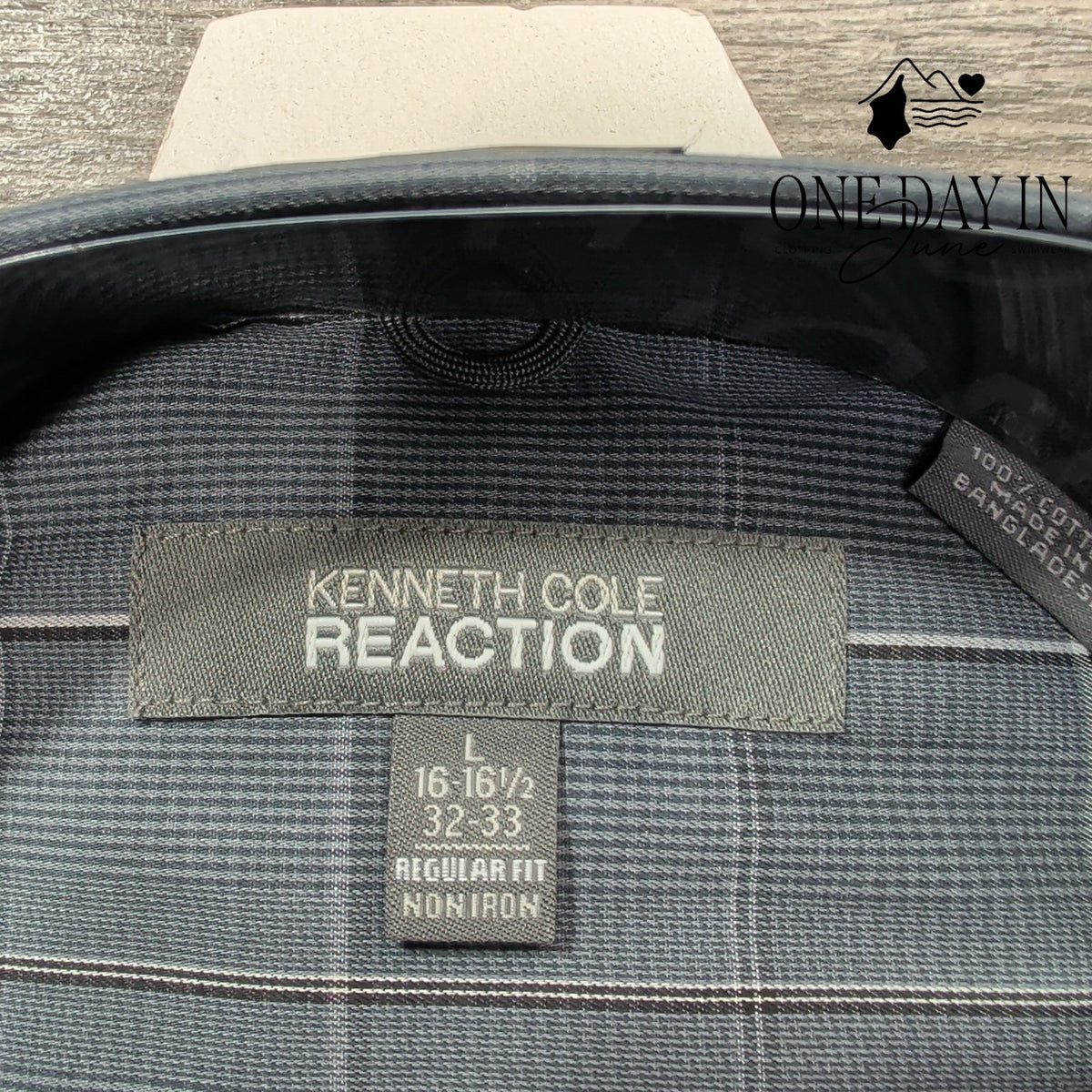 Kenneth Cole Reaction Non Iron Plaid Dress Shirt Blue Gray NWT Size L (16-16.5)