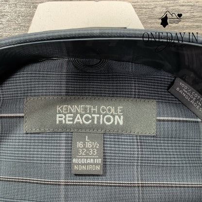 Kenneth Cole Reaction Non Iron Plaid Dress Shirt Blue Gray NWT Size L (16-16.5)