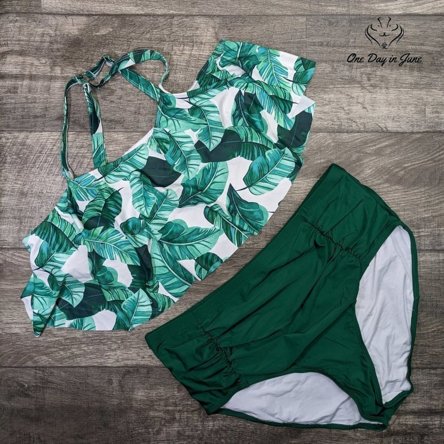 Uoknice Flounce Top Ruched Bottom Palm Leaf Bikini Swimsuit Size XXL