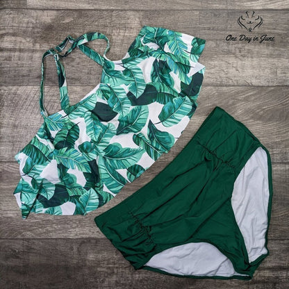 Uoknice Flounce Top Ruched Bottom Palm Leaf Bikini Swimsuit Size XXL