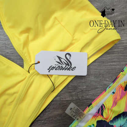 Sporlike Yellow Ruffle Shoulder Tropical High Waist Bikini Swimsuit NWT Size M