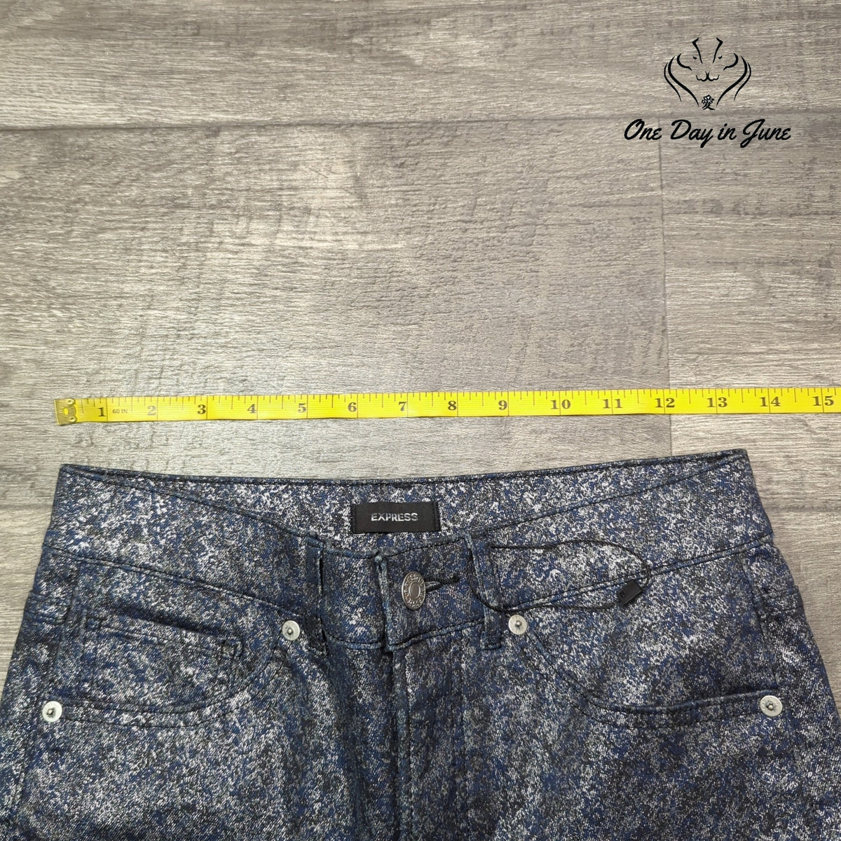 Express Slim Super High Rise Metallic Coated Jeans Blue Silver Size 6