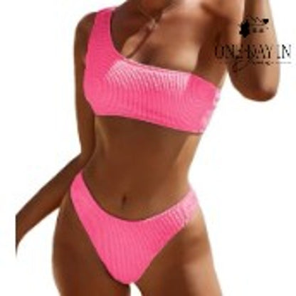 CharmLeaks Smocked One Shoulder Bikini Swimsuit Hot Pink Two Piece Size L