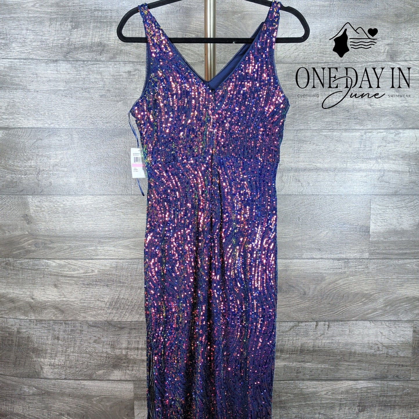 Night Way Sequin Maxi Dress Navy Rainbow V Neck Formal Gown NWT Size 10P