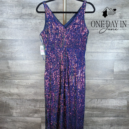 Night Way Sequin Maxi Dress Navy Rainbow V Neck Formal Gown NWT Size 10P