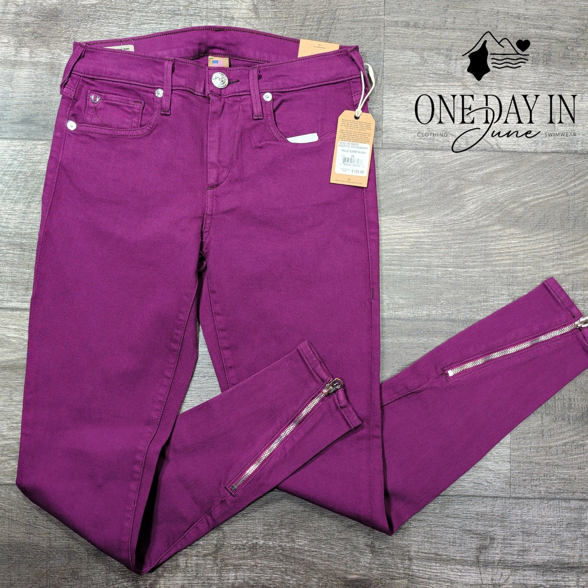 True Religion Halle Super Skinny Jeans Boysenberry Purple Zip Ankle NWT Size 2