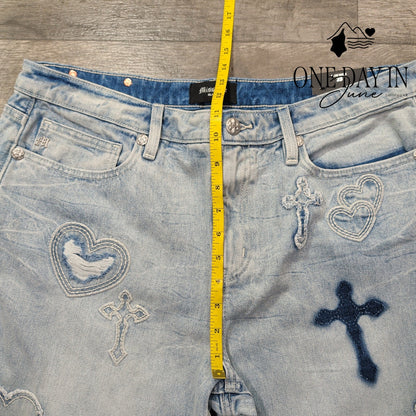 Miss Me Aryanna Heart Cross Slim Wide Leg Jeans Light Wash NWT Size 16 (33X30)