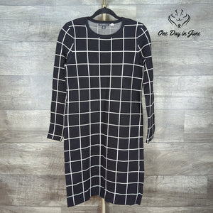 Saks Fifth Avenue Windowpane Plaid Long Sleeve Knit Sweater Dress NWT Size S