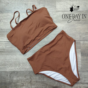 Tempt Me High Waisted Bandeau Bikini Swimsuit Brown NWT Size S