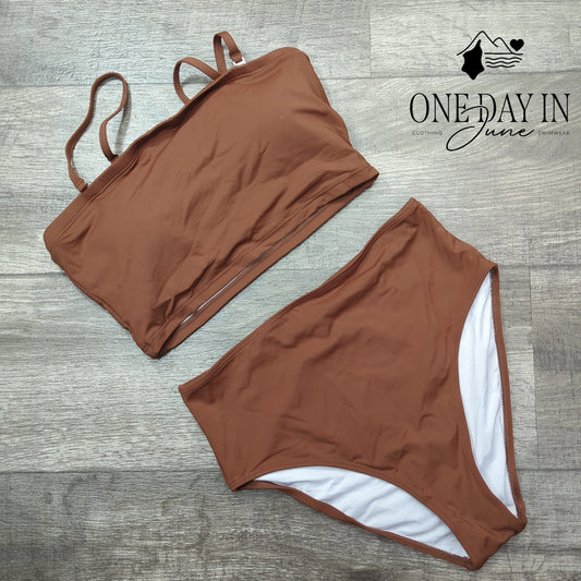 Tempt Me High Waisted Bandeau Bikini Swimsuit Brown NWT Size S