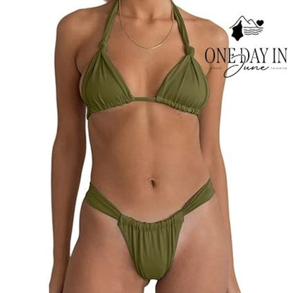 CharmLeaks Adjustable Triangle Tie Back Bikini Swimsuit Olive Green NWT Size L