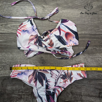 Gakau Floral Criss Cross Lace Up Bikini Swimsuit Size S