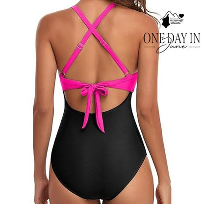 Eomenie Cross Front Cut Out One Piece Swimsuit Pink Black NWT Size XL