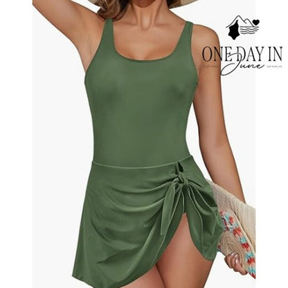 Shekini Scoop Neck Tie Side Swimdress One Piece Swimsuit Olive Green NWT Size M