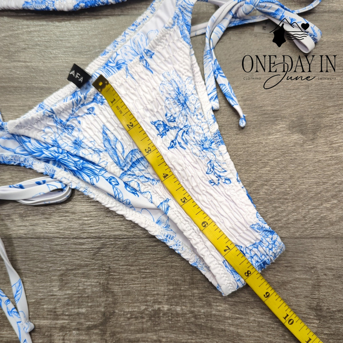 Volafa Smocked Triangle Tie Side Cheeky Bikini Swimsuit Blue White Size M