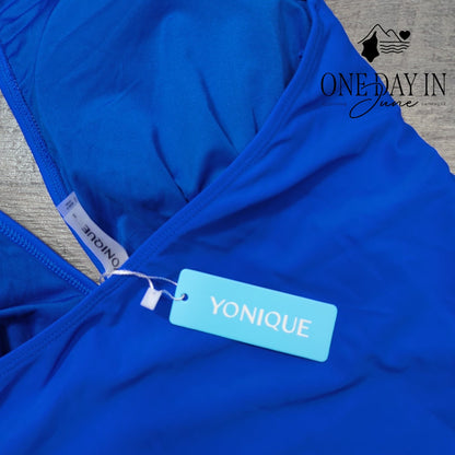 Yonique Halter Tankini Swimsuit Royal Blue Ruched Two Piece NWT Size S
