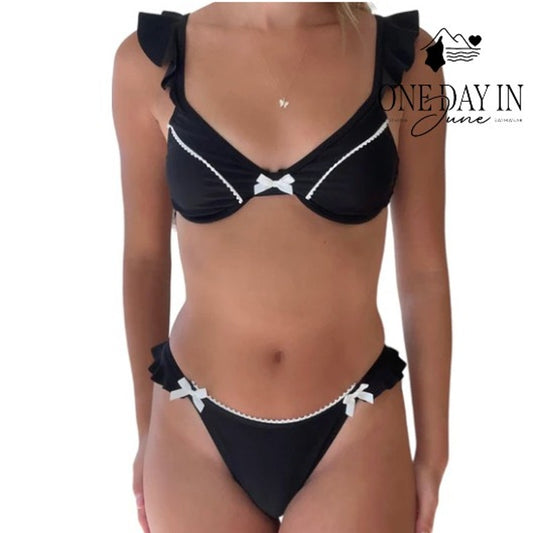 CharmLeaks Tuxedo Ruffle Cheeky Bikini Swimsuit Black White Size L