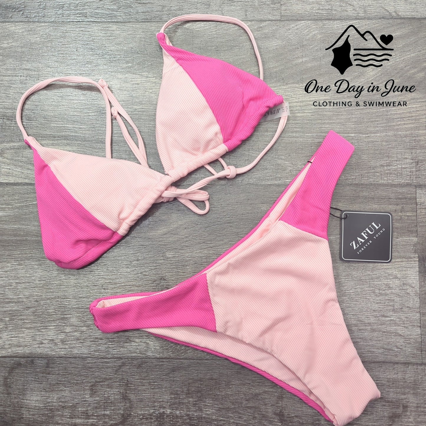 Zaful Triangle Ribbed Color Block Bikini Swimsuit Size M