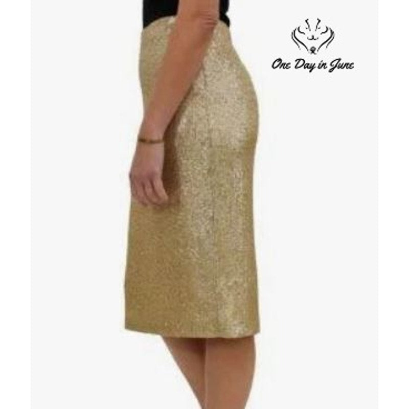 DR2 Daniel Rainn Gold Sequin Pull On Pencil Midi Skirt Lined Size S