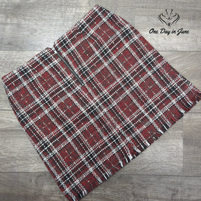 Sanctuary Plaid Tweed Mini Skirt Red Black White Fringe Hem Size L