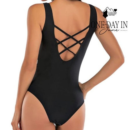 CharmLeaks Crossback One Piece Swimsuit Black Pink Abstract Stripe Size S