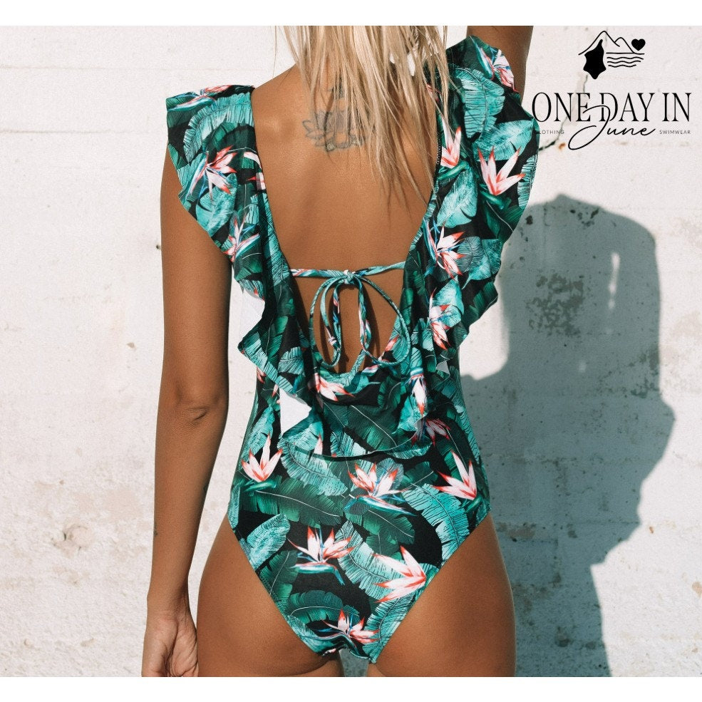 Sporlike Tropical Floral Ruffle Plunge V Neck One Piece Swimsuit NWT Size XL