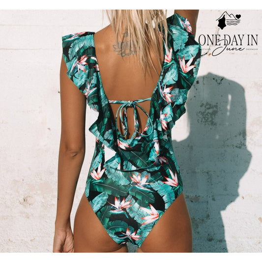 Sporlike Tropical Floral Ruffle Plunge V Neck One Piece Swimsuit NWT Size XL