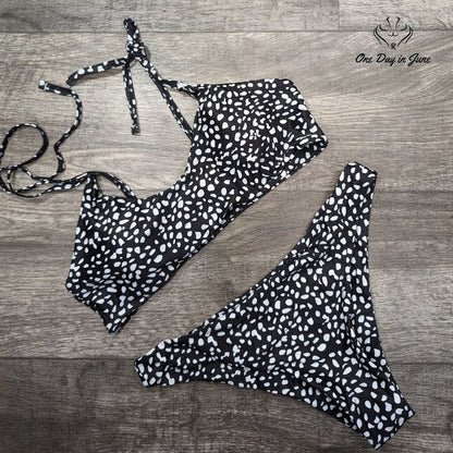 Sechico Tie Shoulder Dalmation Bikini Swimsuit Size L